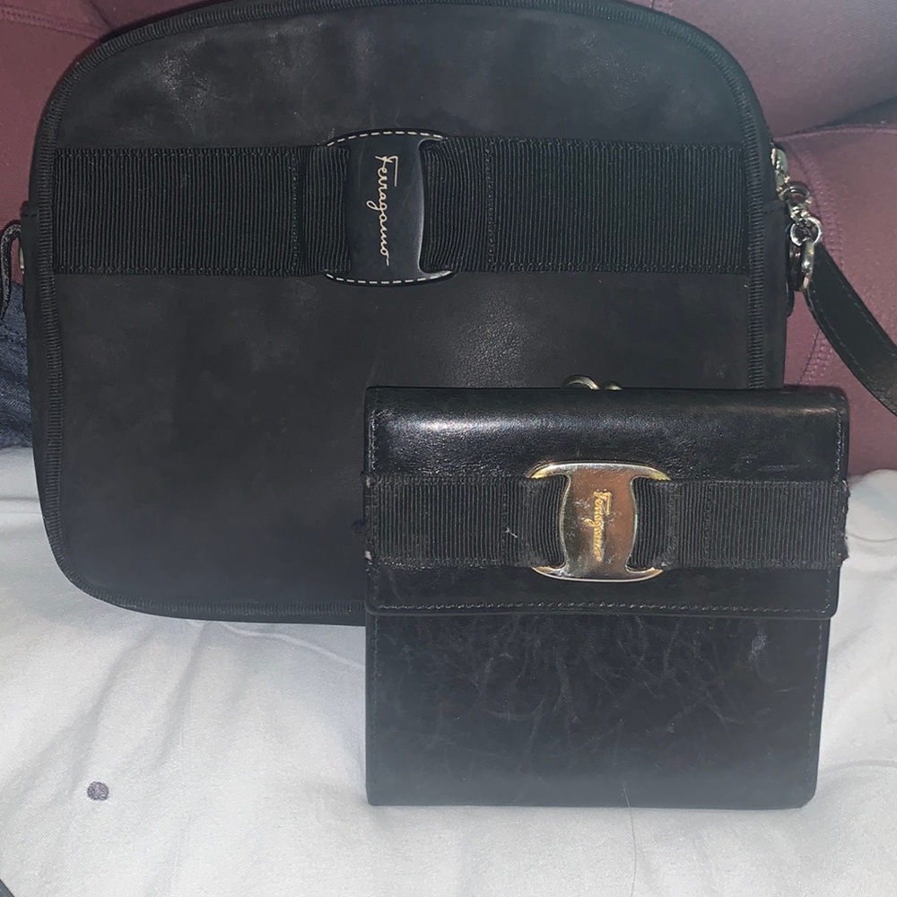 Ferragamo Leather Black wallet and Suede crossbody